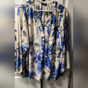 Tahari Blue and Cream Floral Blouse